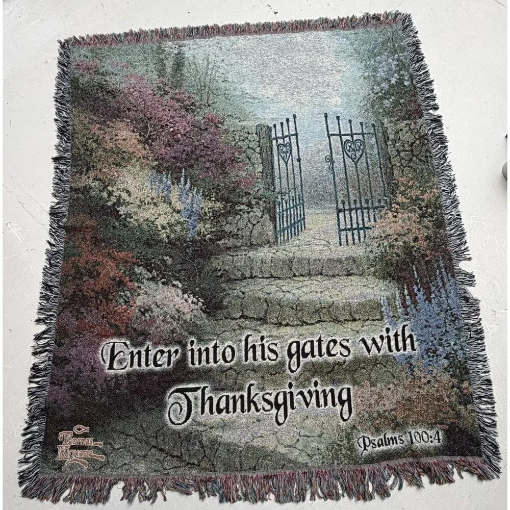Thomas Kinkade Tapestry Wall Hanging Enter Gates Thanksgiving Bible Verse Psalms